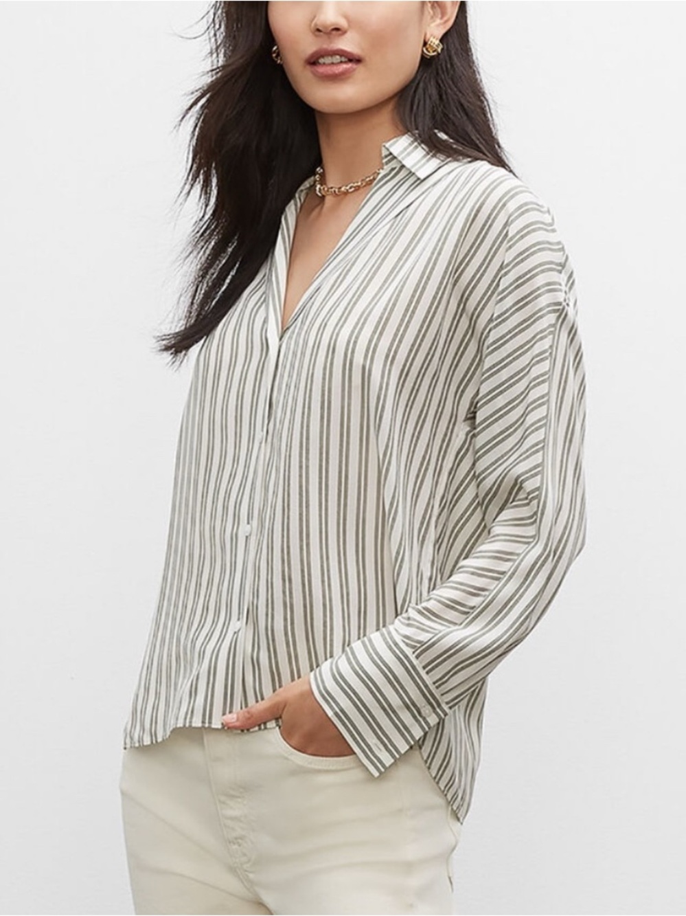 Club Monaco Women’s Signature Silk Long Sleeve Button-Down Shirt Olive Stripe